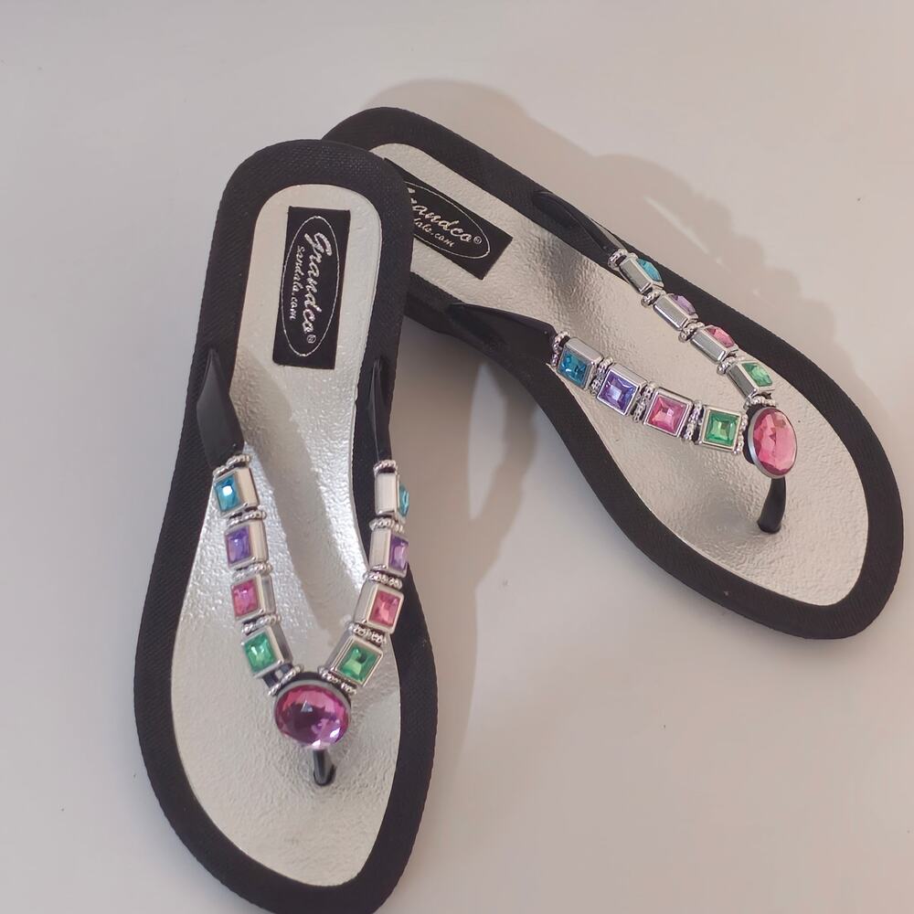 GRANDCO SANDALS JAGUAR WEDGE V-THONG MULTI-COLOR GEMSTONES  WEDGE HEEL Sz.7